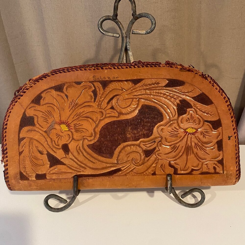 Vtg‎ Western Hand Tooled Leather Clutch Purse Zippered 15x8